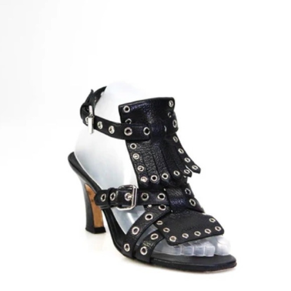 Brian Atwood Size 37 Designer Leather Grommet Strappy Buckle Heeled Sandals